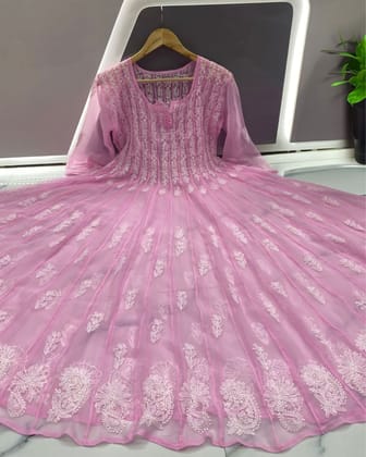 Lively Chikankari Georgette Anarkali Gown 56 Kali Pink-38 (S)