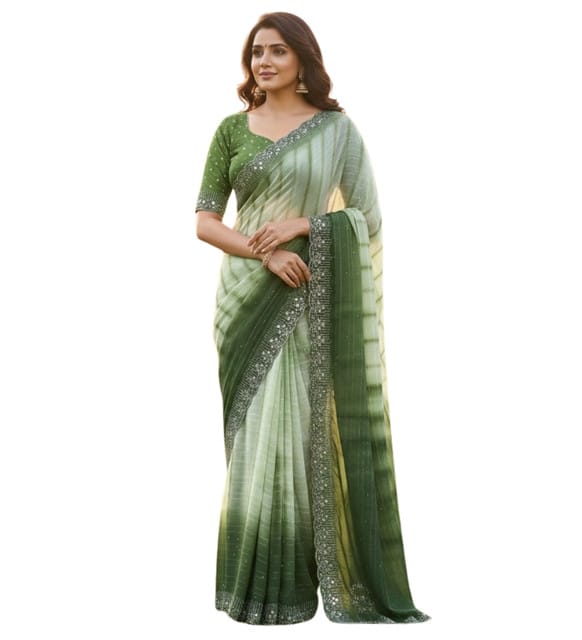 Generic Women's Georgette Striped Saree with Unstitched Blouse Piece, Soft Lightweight 5.5 m Sari for Daily, Office and Casual Wear (Green, Design 67612)