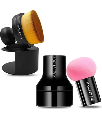 Majestique Blender Beauty Foundation Sponge & Professional Flat Round Shaped Blender Brush Pack of 2