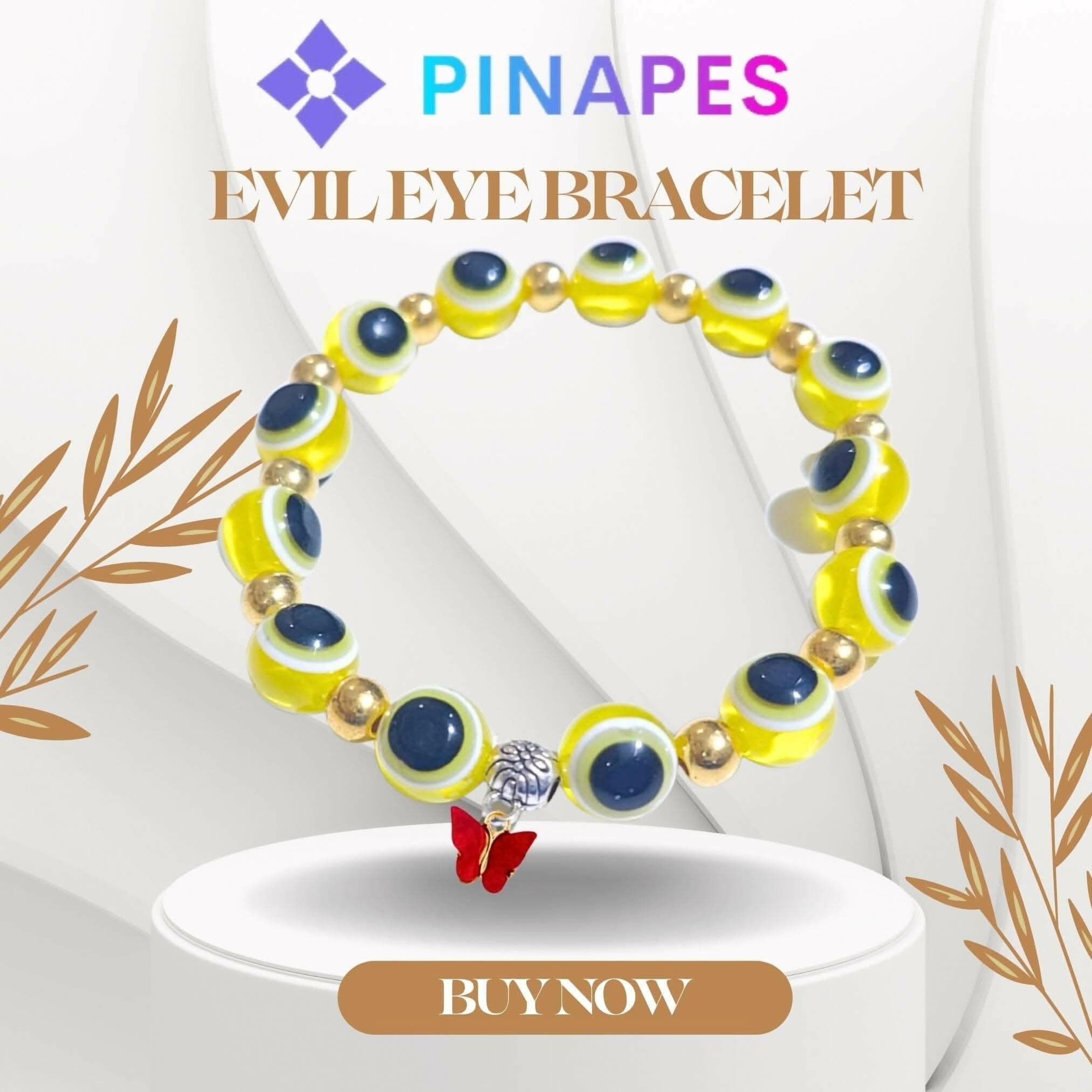 Pinapes Butterfly Beads & Evil Eye Charm Bracelet for Women – Red Butterfly, Adjustable Fashion Jewelry for Protection & Style - Yellow Beads
