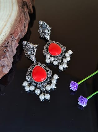 Silver Replica Monalisa Stone Dangler Earrings with Pearls for Special Occasions-Red+WhiteAD