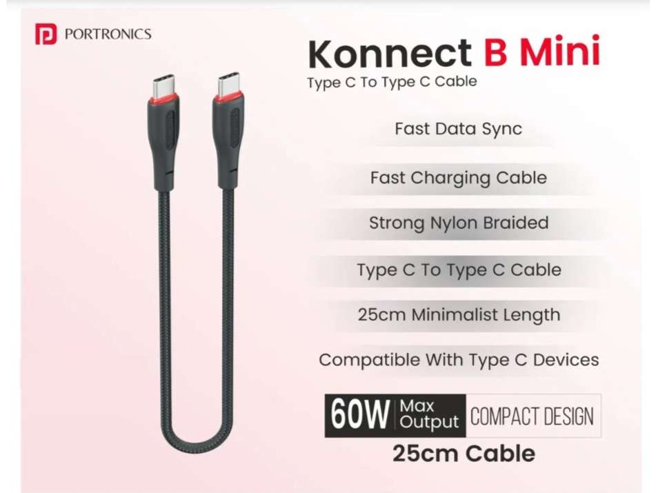 *Summer Sale* Portronics Konnect B Mini USB-C to USB-C Cable, 60W, 25cm - Black