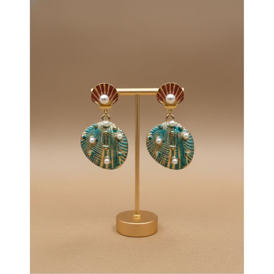 Earrings Teal Gold Shell Drop