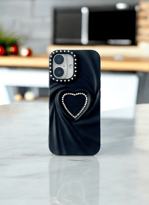 Black Swirl Heart Bling Case for iPhone 16