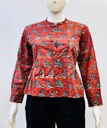 Red blue handblock printed cotton top