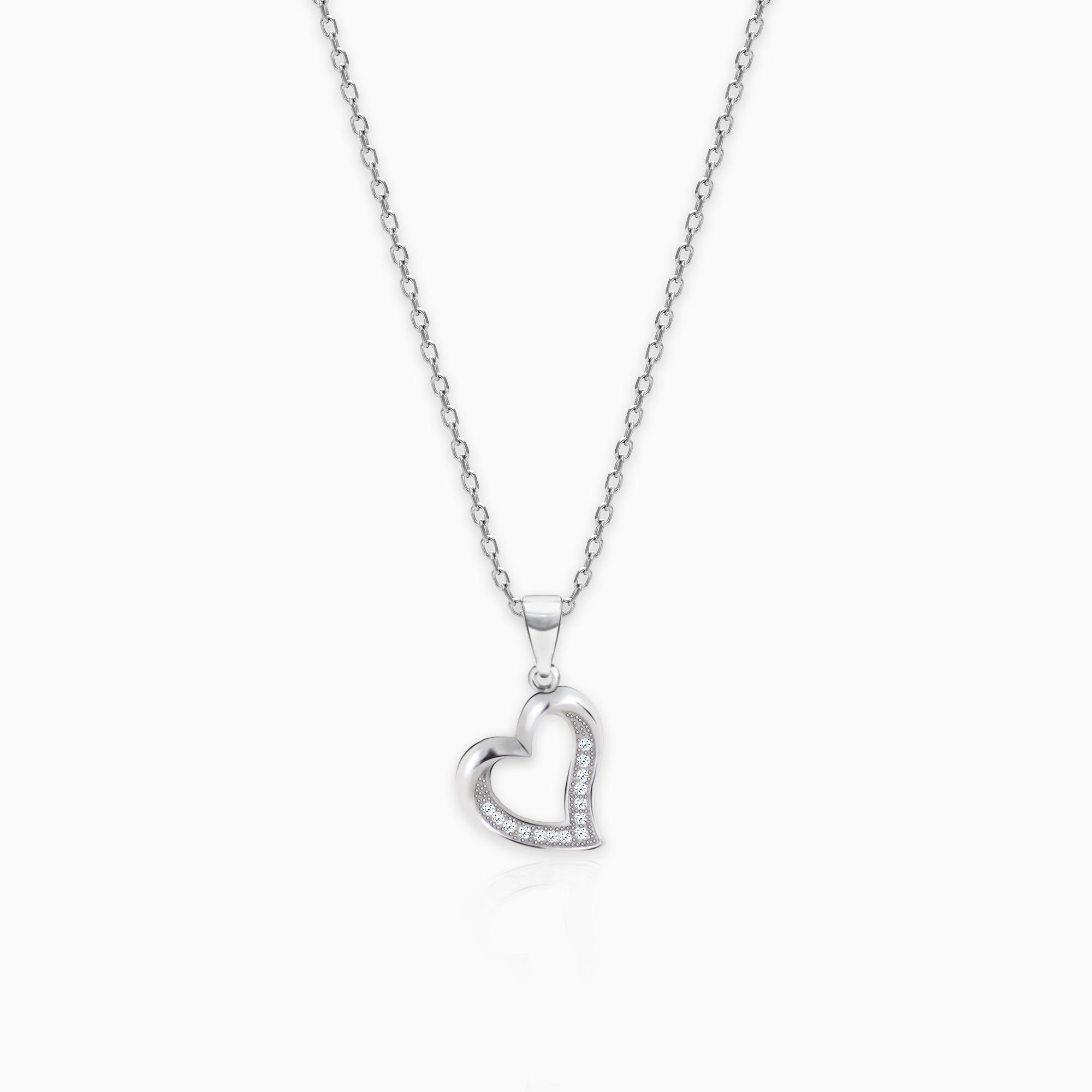 Silver Zircon Curve Heart Necklace with Link Chain