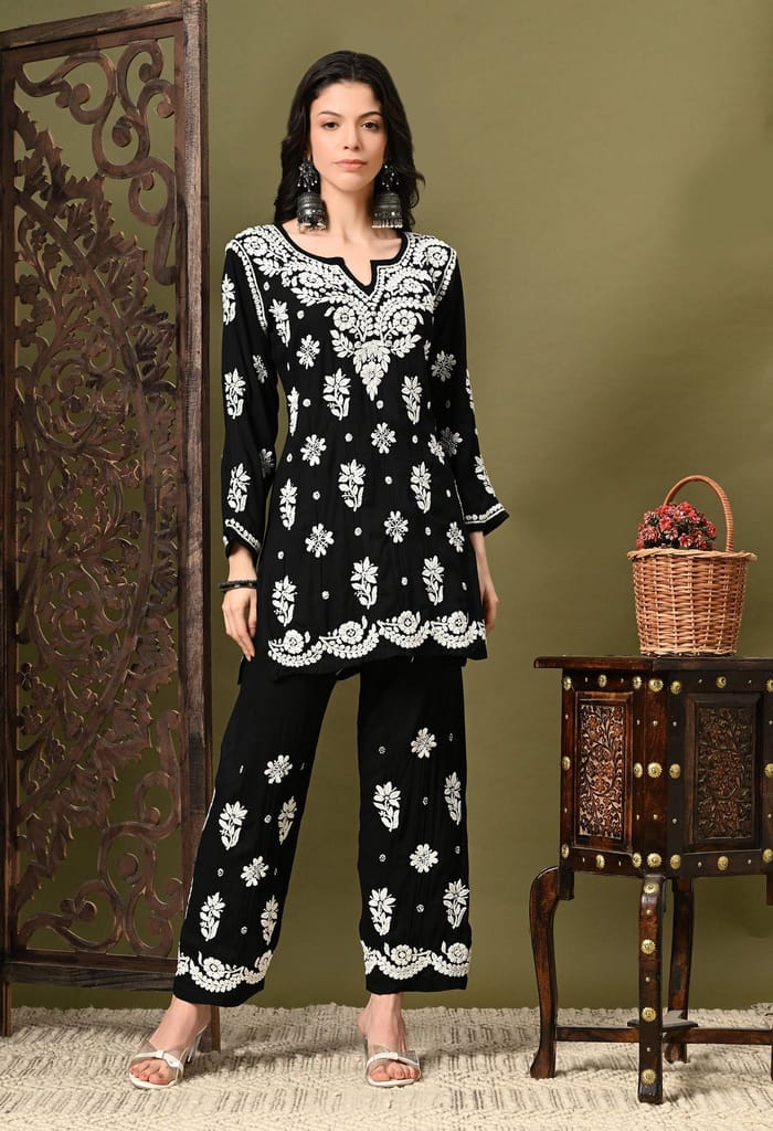 Chikankari Cord Set in Modal Fabric - Black