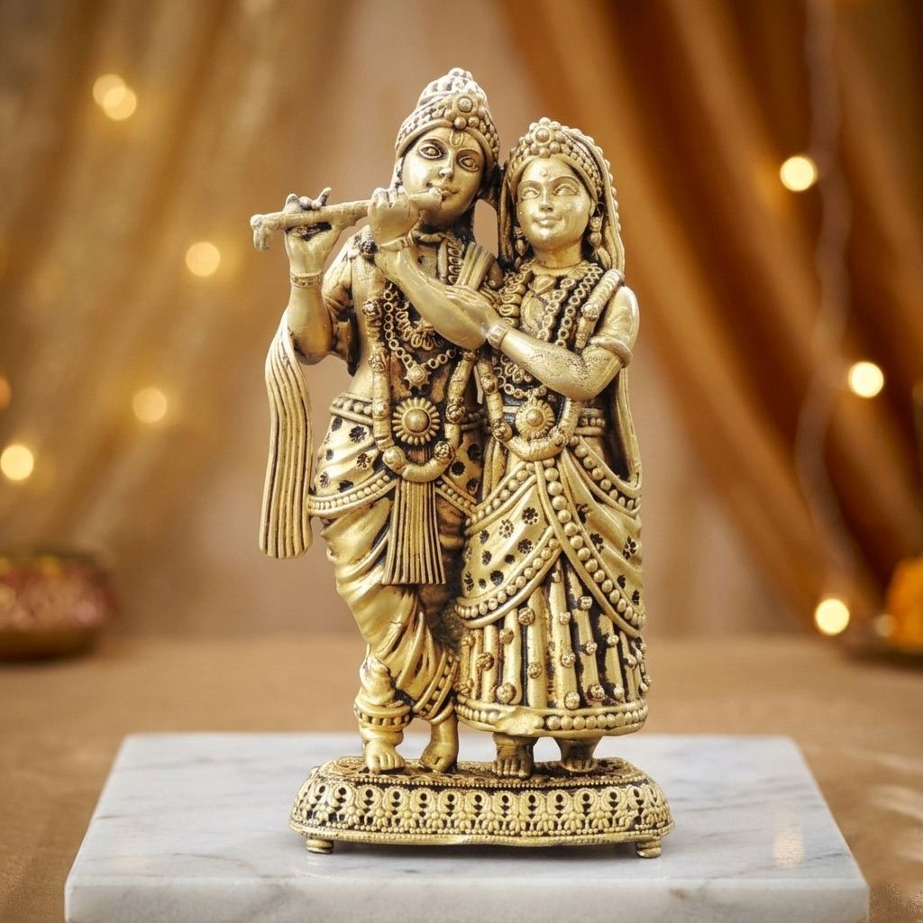 Brass Radha Krishna Pair Statue - Religious Decor Showpiece, Height : 5.6 Inch (BSMAS1733 F)