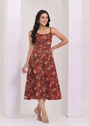 Crimson Red Shoulder Straps Floral Dress-S