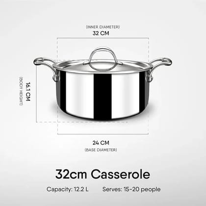 Stahl Triply Stainless Steel Sauce Pot with Lid | Stainless Steel Casserole | Tri Ply Biryani Pot with Induction Base | Artisan 4132, Dia 32 cm, 12.2 L (Serves 15 People)