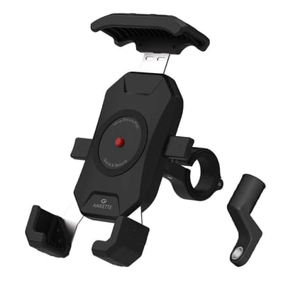 Amkette iGrip Secure Plus Mobile Holder for Bike/Scooter | Sturdy Build with Internal Metal Core, Anti-Shake Mount, 360° Rotation, IPX6 Waterproof, ABS & Rubber Protection (Black) Black