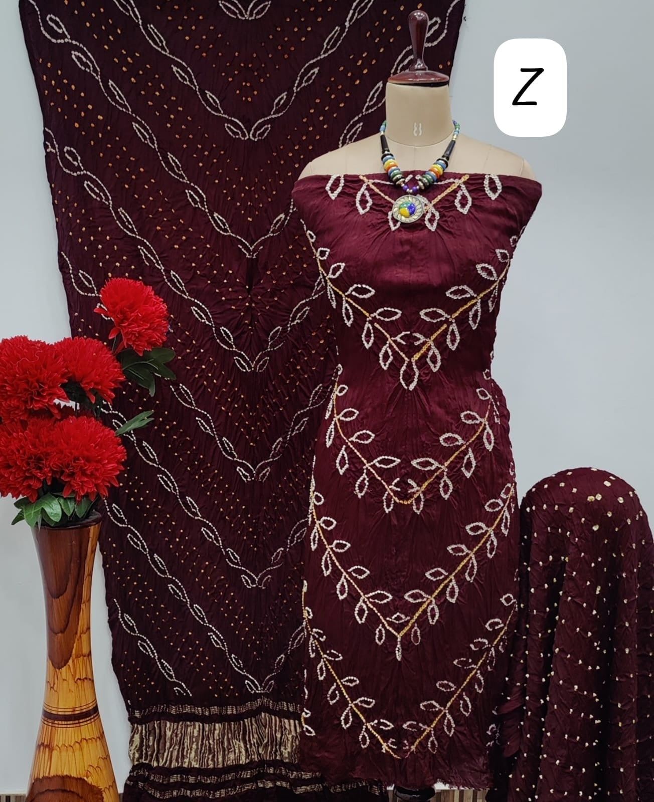 Modal Ghazi Silk Kutchi Bandhani Dress Material (Unstitched)-Wine