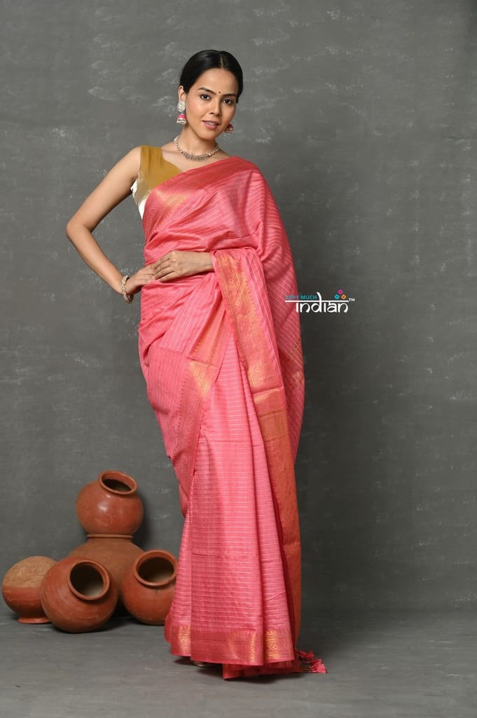Tyohaar ~ Designer! Cotton Viscose Stripes Saree With Sleek Border - Peachy Hale - Sarees | Buy online on ZillyBuy