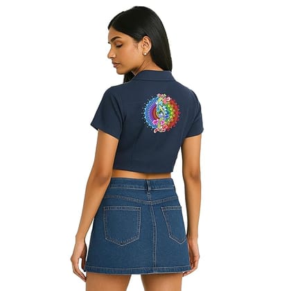 EqualLife Crop Top Shirt for Women-with Tie-Up Front, Button Down-Rainbow Mandala Back Print-EQCT900114