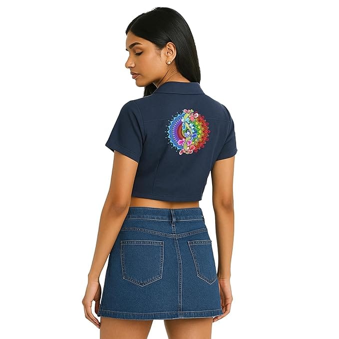 EqualLife Crop Top Shirt for Women-with Tie-Up Front, Button Down-Rainbow Mandala Back Print-EQCT900114