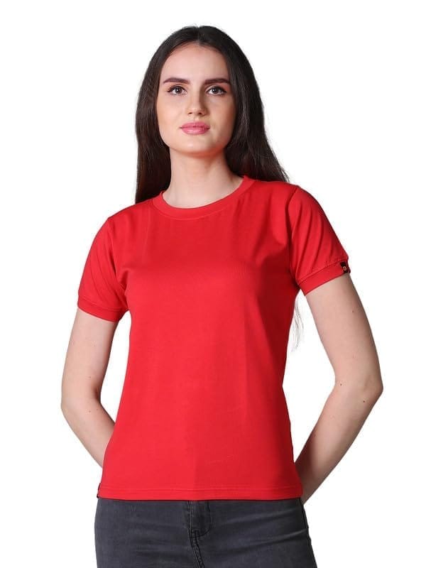 Women's Cotton Blended Solid Round Neck Half Sleeve T-Shirt (Red, 2XL)-PID56328