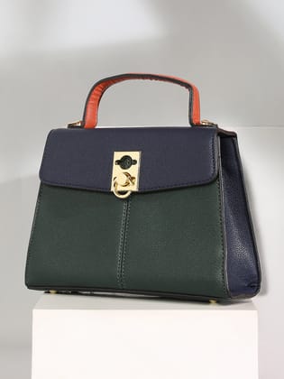 The Curatus Satchel Bag With Pouch - Navy Blue & Emerald Green-Handbag