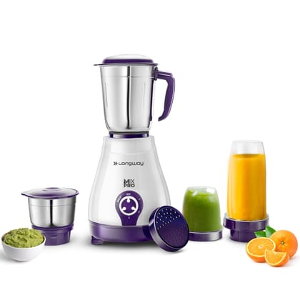 Longway Mix Pro 550 Watt Mixer Grinder with 4 Jars for Grinding, Mixing, Blending, Juicing with Powerful Motor (Purple, 4 Jars) Longway Mix Pro 550 Watt Mixer Grinder with 4 Jars for Grinding, Mixing, Blending, Juicing with Powerful Motor (Purple, 4 Jars