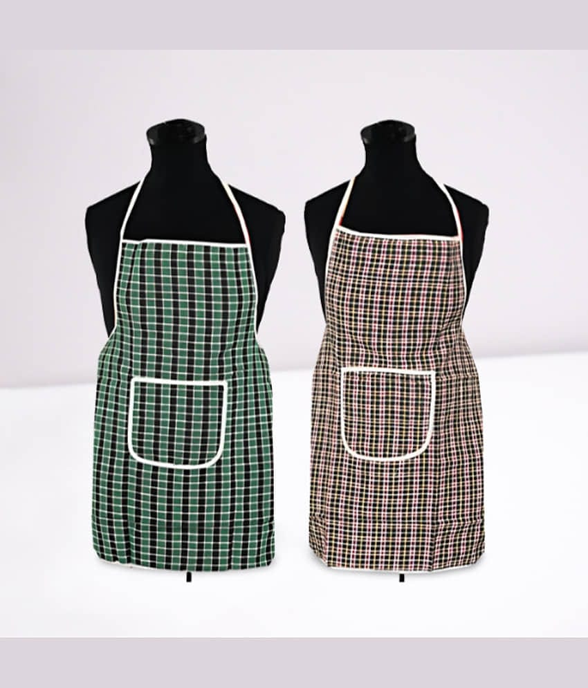 CreadCraft Cotton Checks Kitchen Apron with 1 Center Pocket ( Pack of 2 )