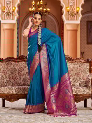 Blue Soft Silk Solid Banarasi Silk Zari Jacquard Work Designer Saree