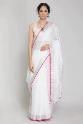 White Pure Linen Saree
