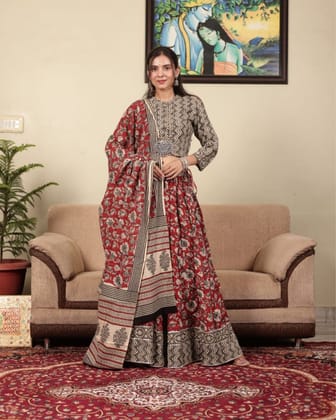 Festive Fusion Blockprinted Beige & Red Lehanga Choli Set-36