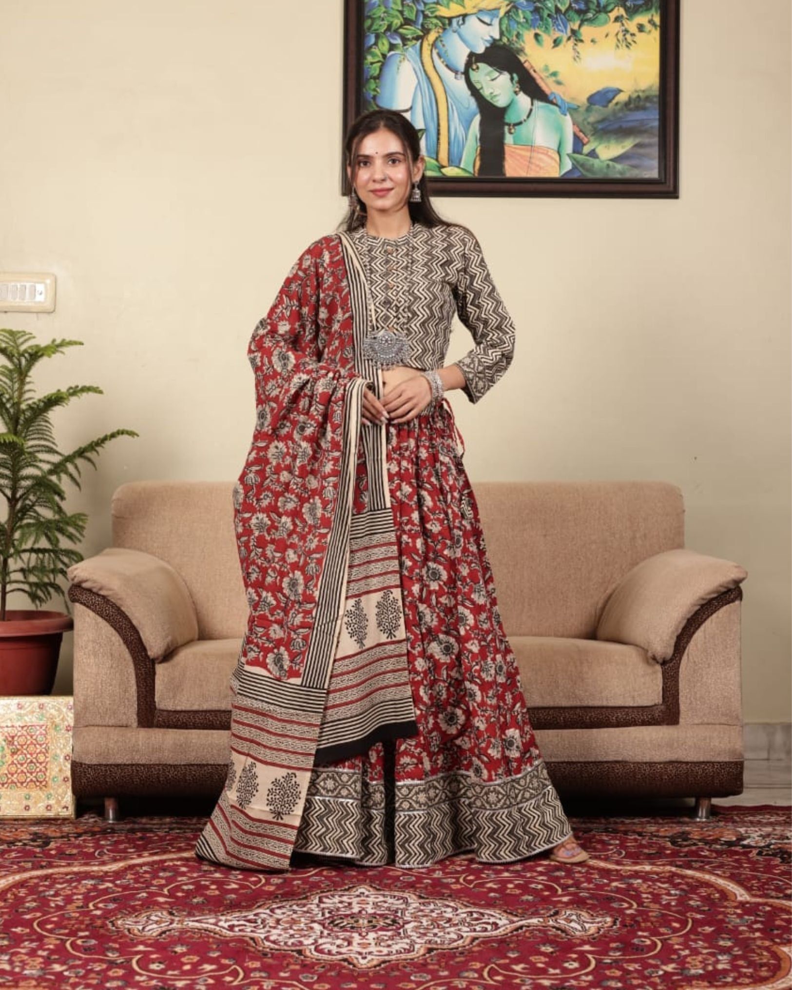 Festive Fusion Blockprinted Beige & Red Lehanga Choli Set-36