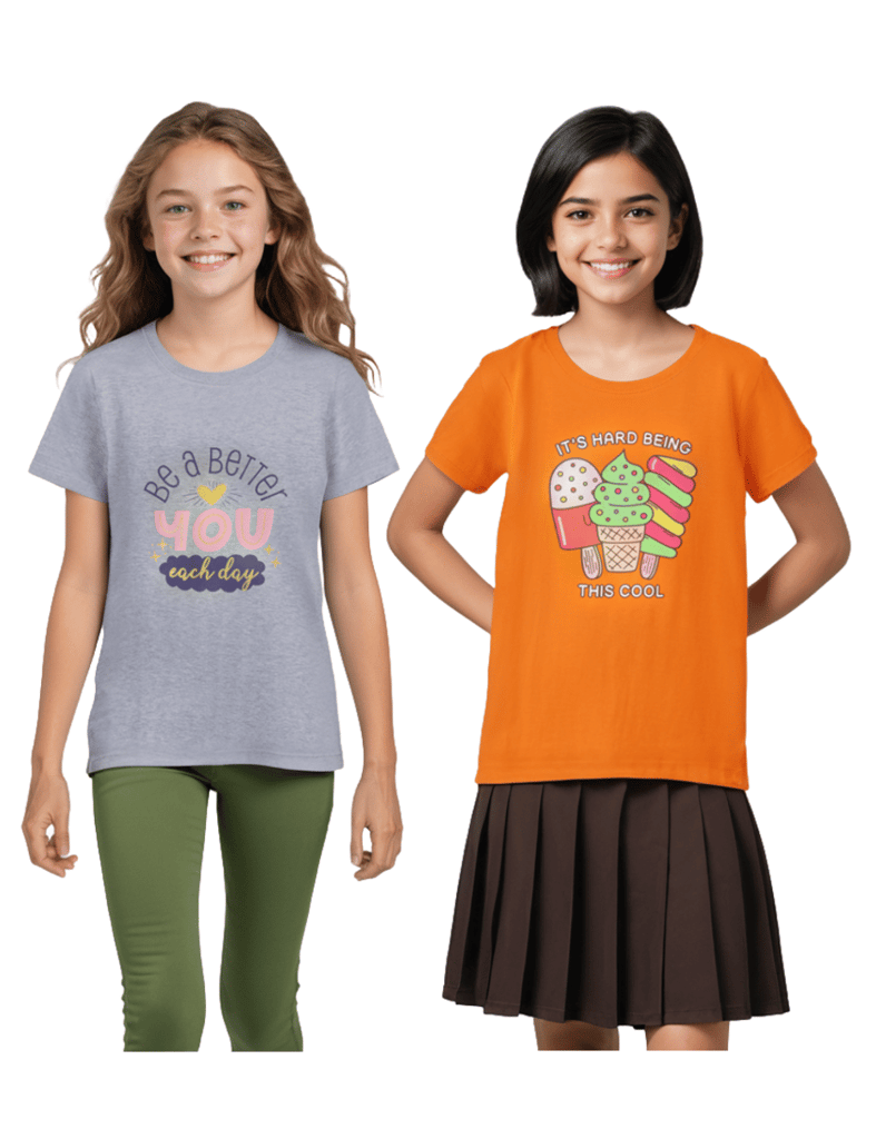 Luxurious Kids Girls T-Shirt Grey Heather Mélange / Vibrant Orange, Soft Cotton, Ages 7-14 (2pcs