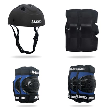 JJ Jonex Skating Guard, Protective Skating Guard Kit | Skate, Cycling Protection Set | Multi Sport Gear for Children Age 5-16 Years, Helmet Elbow Guards Knee Caps & Hand Gloves (Black-Blue, Small)