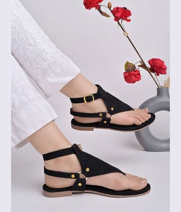 Shoetopia Stylish Ankle Strap Black Flat Sandals For Girls