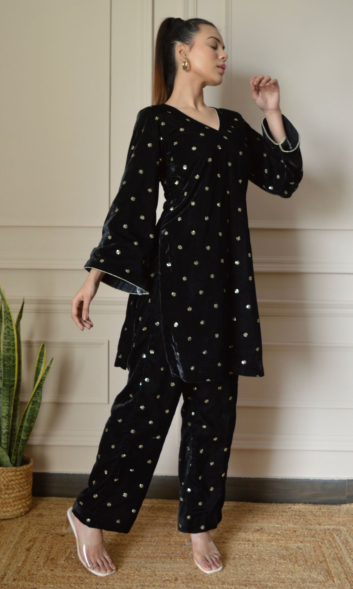 Black Velvet Co-ord Set with Gold Sequin Embroidery and Bell Sleeves-XXS