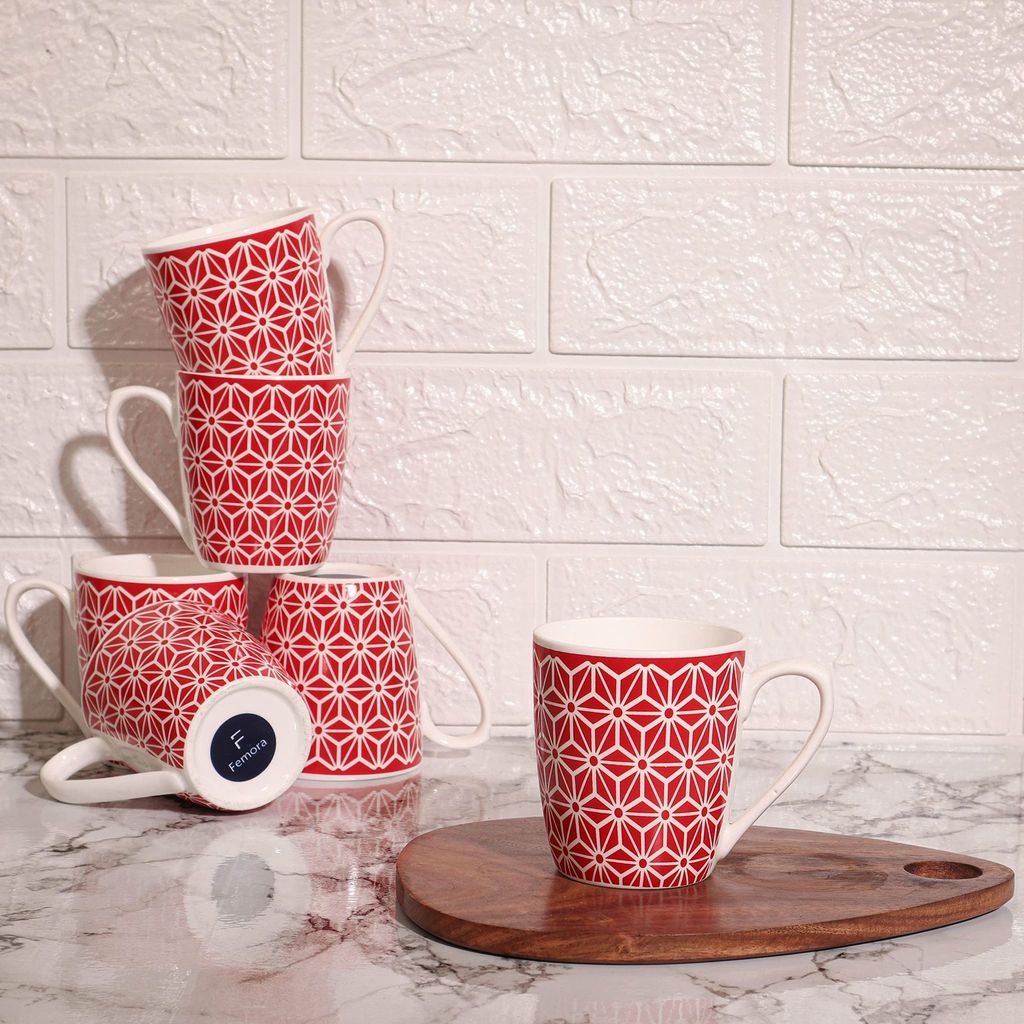 Femora Desh ki Mitti Fine Bone China Tea Cup Geometric Design, 160 ML, Galaxy Red