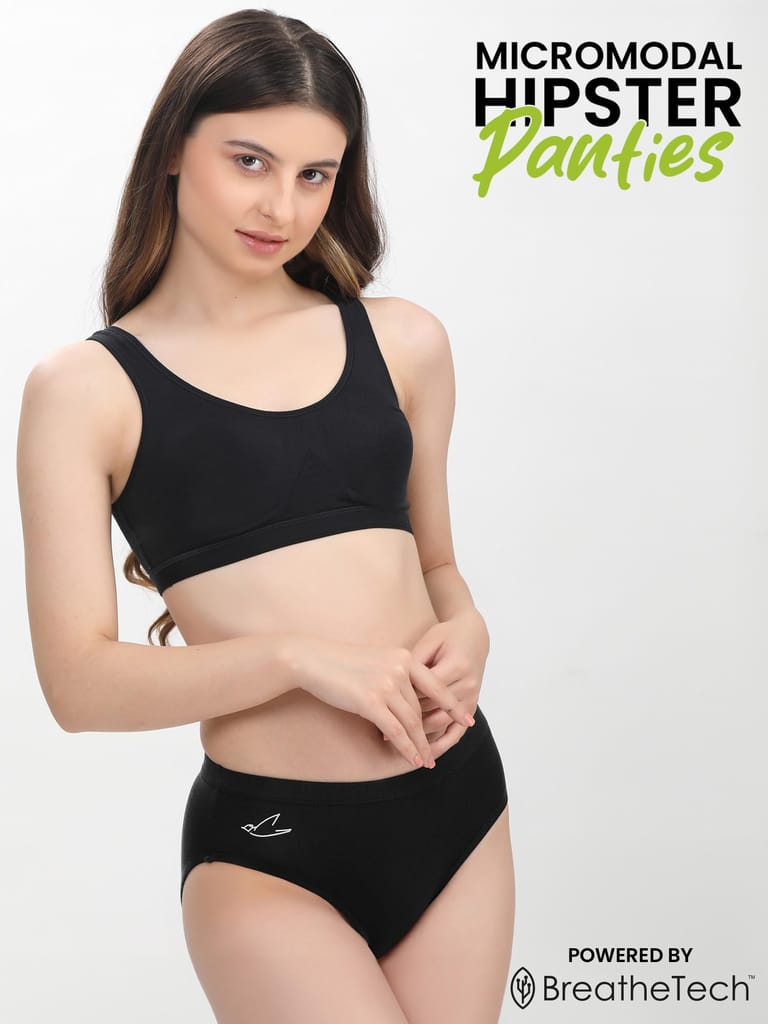 Freecultr Women’s Micromodal Mid-Rise Hipster | Super Soft & Breathable Fabric | Medium Rear Coverage | Comfortable Stretch Elastic | Pack of 3 |Color - Sable Black