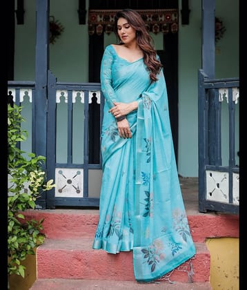 Almaari Fashion Linen Printed Saree With Unstitched Blouse Piece ( Multicolor )