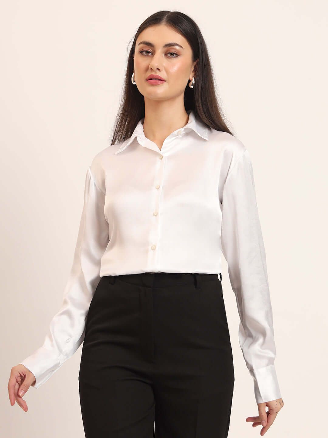 White Regular Fit Summer Satin Shirt-M