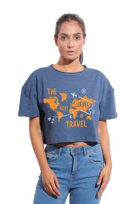 Kinnko Premium Cotton Womens Textured Printed Crop T-Shirt Blue Kinnko Premium Cotton Womens Textured Printed Crop T-Shirt Blue