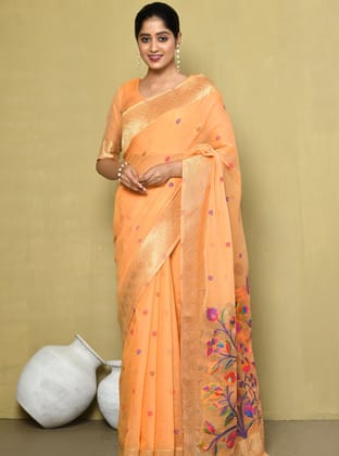 Orange  floral cotton  Saree