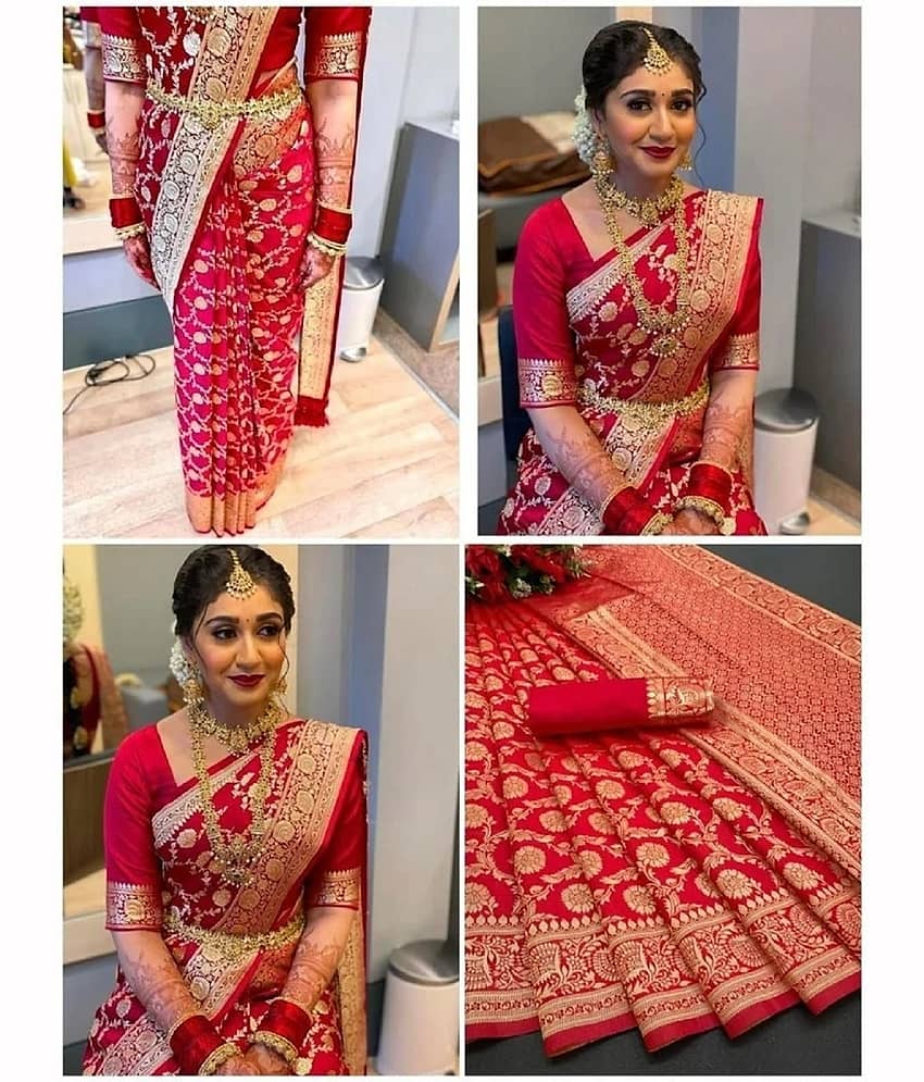 Gazal Fashions Banarasi Silk Woven Saree With Unstitched Blouse Piece ( Red )