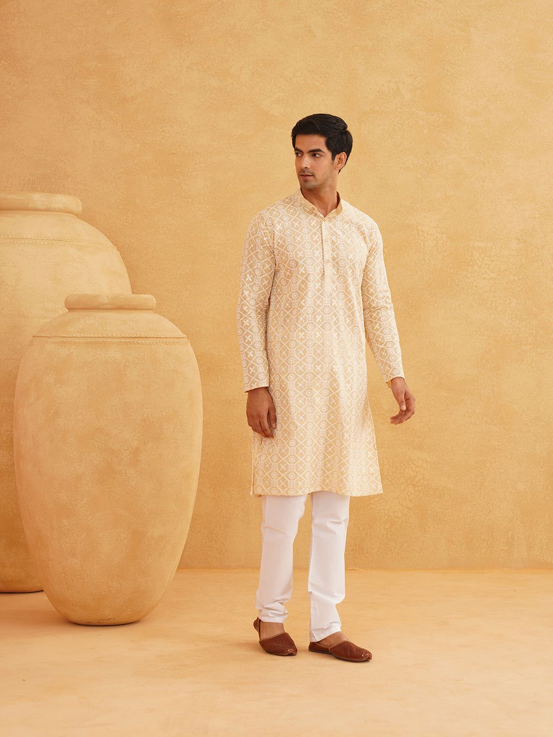 Men's Embroidered Thread Work Cotton Beige Kurta with Churidar-36