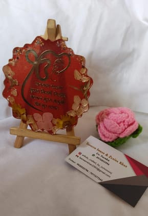 Artistic Floral Deity Table Decor - Vibrant Red with Wooden Stand