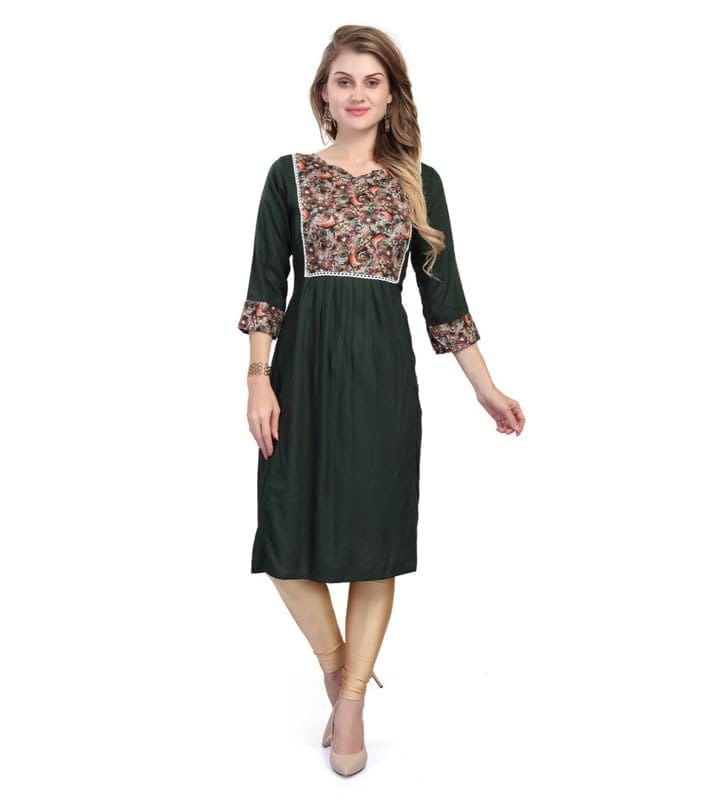 Women's Casual 3/4 Sleeve Viscose Rayon Printed Kurti (Dark Green, M)-PID46379