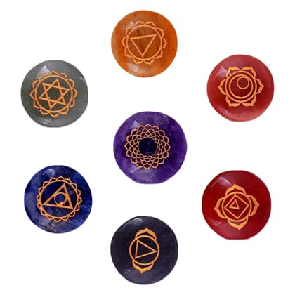 Seven Chakra Symbol Reiki Crystal Healing Set of 7 pcs with Box Reiki Engraved Natural Crystal Round Reiki Set_pri_008(KI_08)  by Krishna Impex