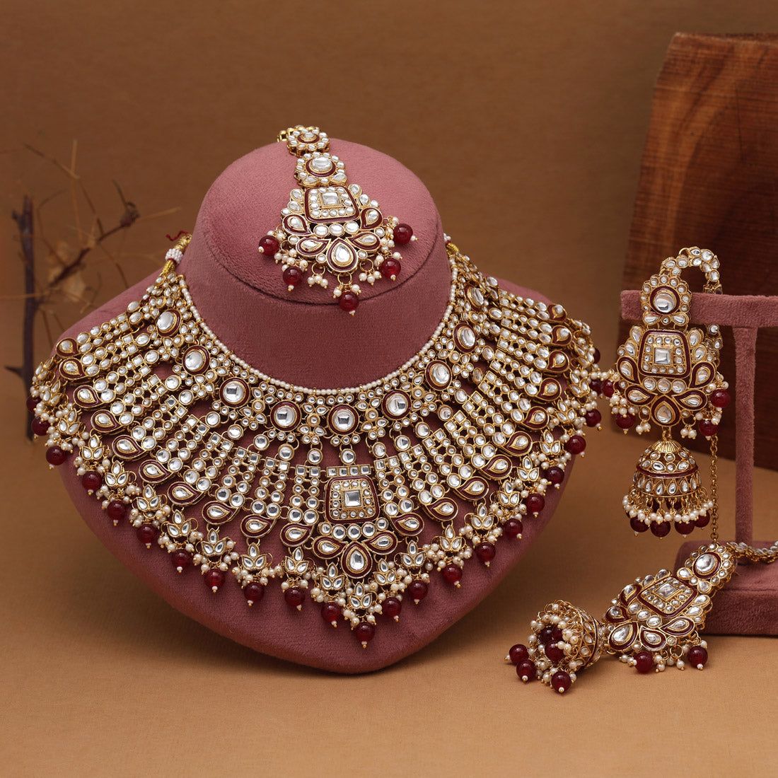 Multi Color Peacock Inspired Meenakari Rajwadi Matte Gold Necklace Set-Adjustable Rope / Maroon / Alloy With Good Quality Gold Plated