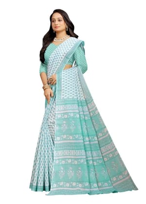Women's White Butti Design Pattern Printed Soft Malai Cotton Everyday Wear Saree