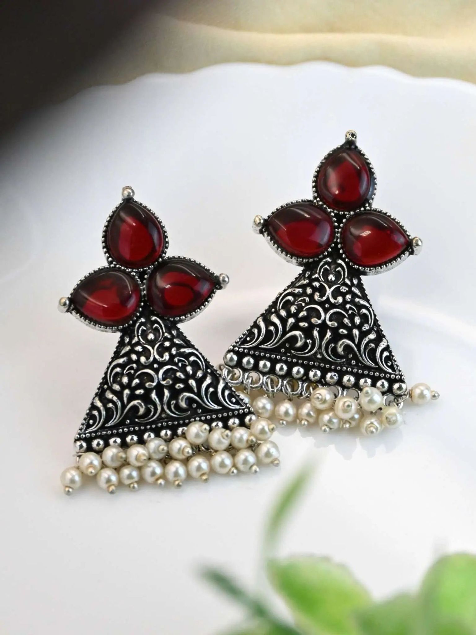 Oxidised Triangle Pearl Stud Earrings for Casual Elegance | Sarichka-Maroon
