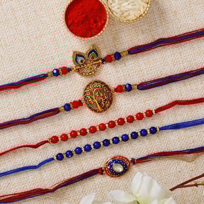 Red & Blue Pack of 5 Designer Rakhis and Roli Chawal Pack