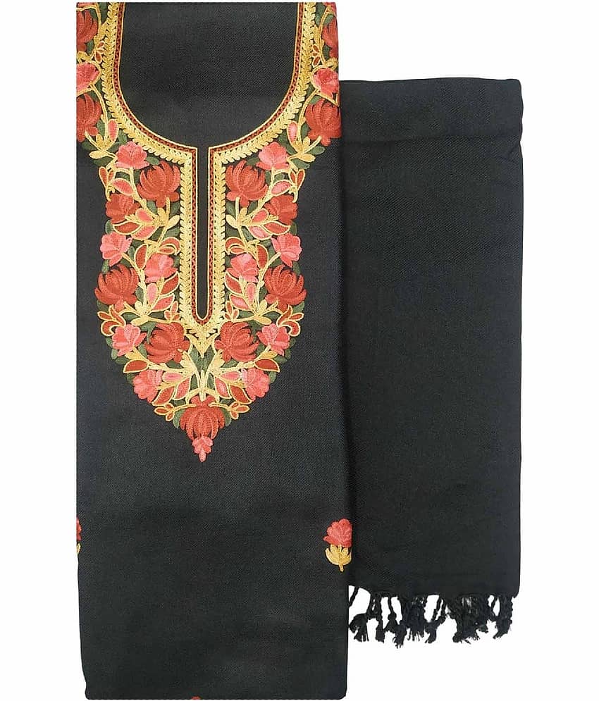 KASHMIRI Unstitched Woollen Embroidered Dress Material - Black ( Pack of 1 )