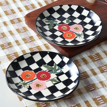 Checked Hand-Painted Ceramic Quarter Plates Set of 2