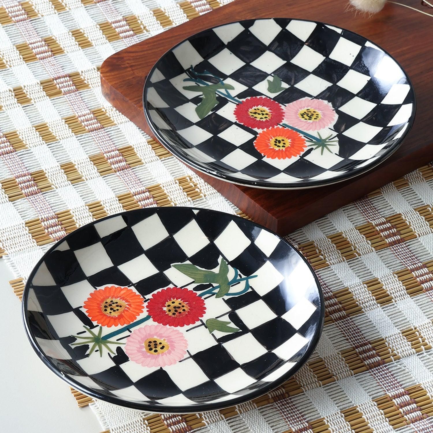 Checked Hand-Painted Ceramic Quarter Plates Set of 2