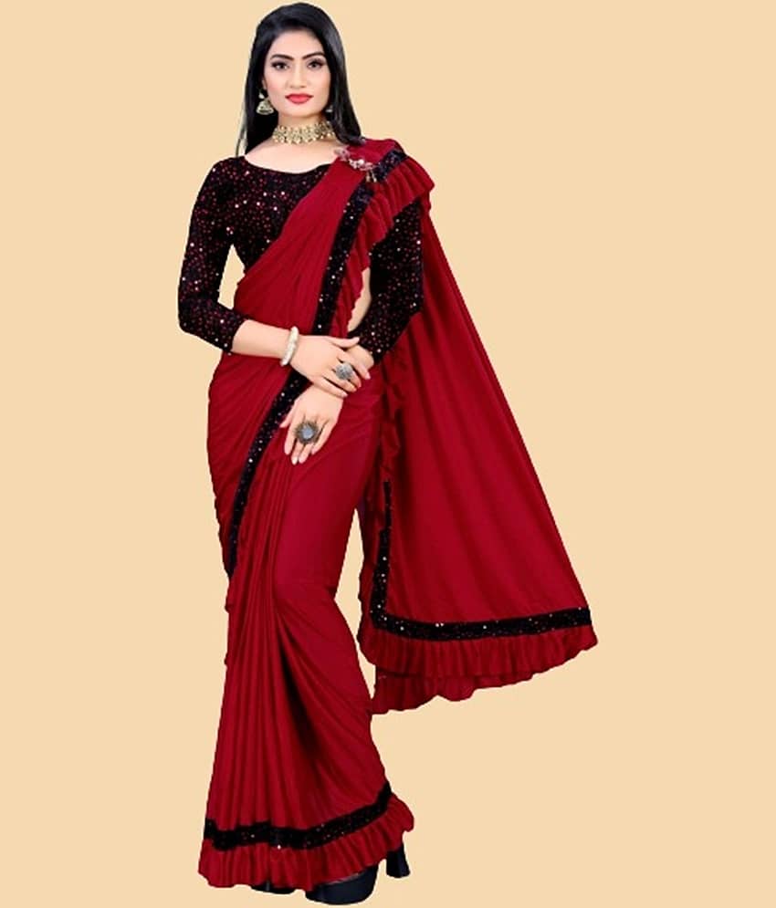JULEE Lycra Embellished Saree With Unstitched Blouse Piece ( Maroon )